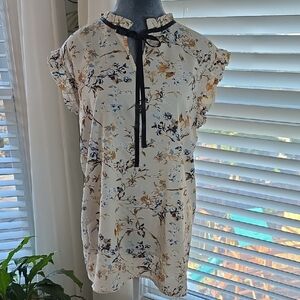 Floral Ruffle Neck Blouse - Cream and Blue